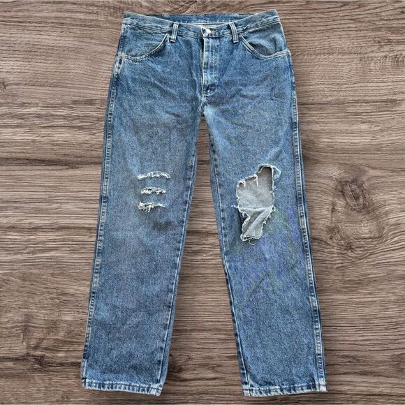 Rustler Men’s Distressed Blue Jeans Preowned Size 34x29 Straight Fit - Picture 1 of 7